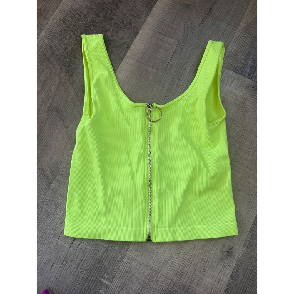 Neon Green‎ Ribbed Zip-Up Crop Tank Top w/ Ring Zipper – Size S/M